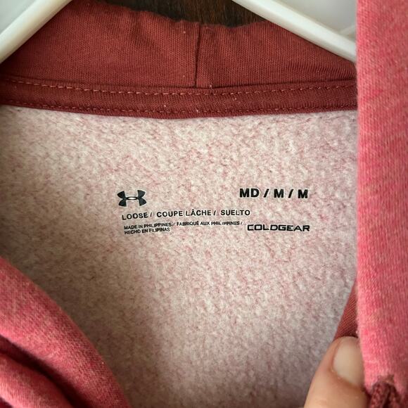 Under Armour Hoodie Womens Medium Red Heather Loose Coldgear Fleece Patch Logo - Picture 5 of 9